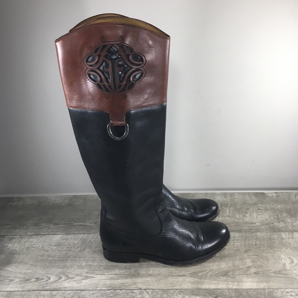 Frye #76436 Melissa Logo Leather Western Riding Biker Womens Knee High Boots 7